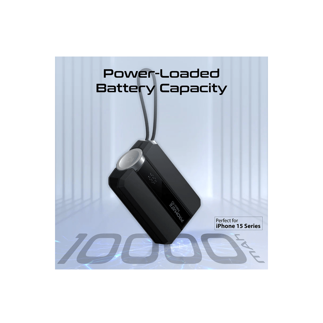 Promate Neo-10 30W 10000mAh Power Delivery Smartphone & Apple Watch Charging Power Bank with in-built USB-C Cable - Black in Qatar Promate Neo-10 30W 10000mAh Power Delivery Smartphone & Apple Watch Charging Power Bank with in-built USB-C Cable - Black in Qatar